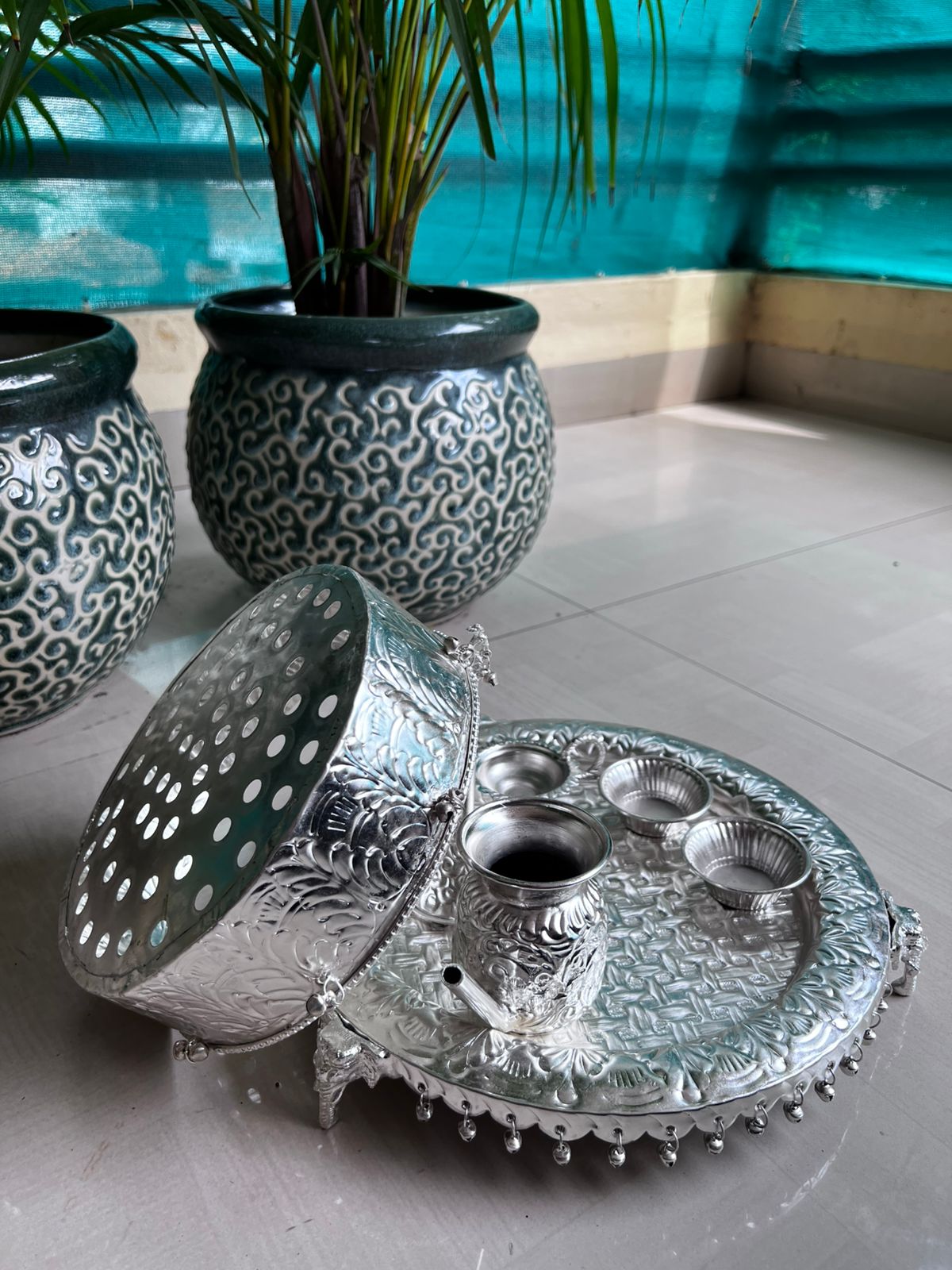 german silver KARWACHAUTH SET Checkered elephant model ghunghroo pooja thali WITH Chalni and karwa kalash set